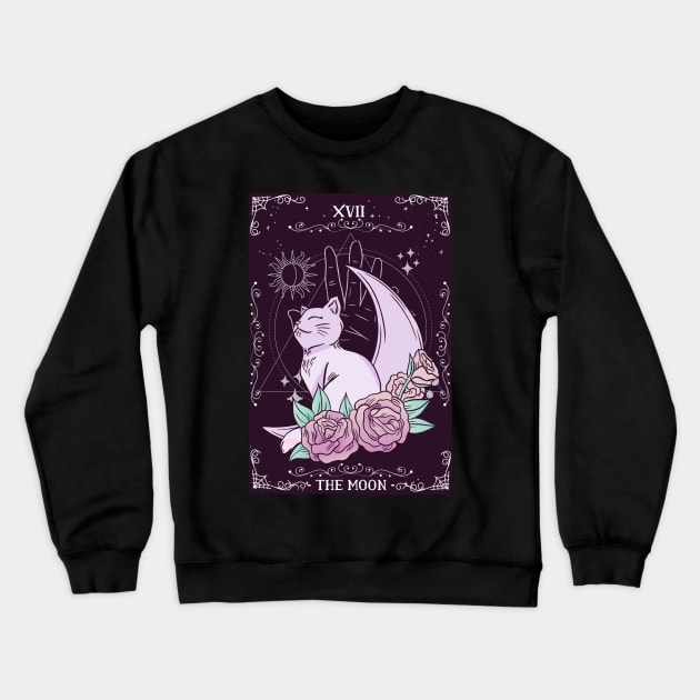 Tarot Card Crescent Moon Cute Cat Roses Cosmic Magic Crewneck Sweatshirt by Kali Space